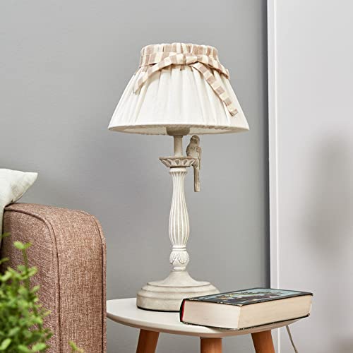 Karmiqi Lampada da Comodino Vintage con Decori Uccellini, Paralume in Lino con Fiocchetti, E27, 40W, Altezza 40 cm, Lampade da Tavolo per ogni scrivania o comodino