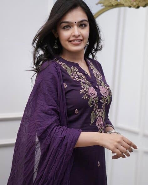 Image of Women's Purple Embroidered Cotton Kurti with Palazzo and Dupatta Set, Ethnic Indian Wear, Floral Design