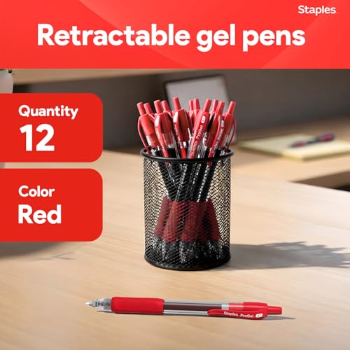 Image of STAPLES Retractable Gel Pens, Fine Point, Red Ink, 12 Pack - Smooth Writing, Quick‑Dry Pens for Notes, Editing & Office Use