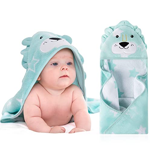 Image of SYNPOS Baby Hooded Bath Towels, Newborn Boys Girls Soft Animal Hoodie Towel with 5 Washclothes, Absorbent and Non-Balling Cotton Bath Blanket for Toddler, Infant (Blue Lion, 30.00" x 30.00")