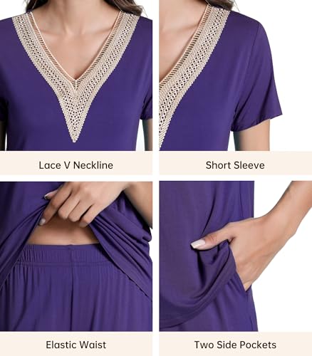 Image of NACHILA Pajamas for Women-Viscose Made from Bamboo, Short Sleeve Sleepwear Soft Capri Pants Pjs Lace V Neck Lounge Sets