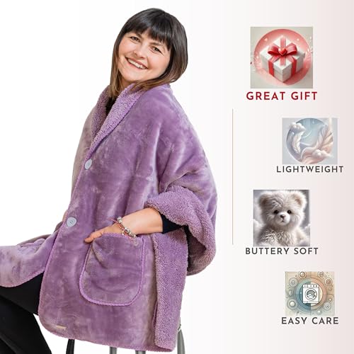 Fleece-Poncho-Blanket-No-Sleeves-Lightweight-Warm-Wrap-Shawl-Wearable-Blanket-Lap-Blanket-Gift-for-Grandma-100-Fleece-Velvet-Lavender