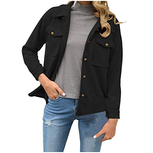 OutTop Women Jackets Fall Winter Lightweight Button Down Solid Daily Casual Lapel Blazer Coats Outwear with Pockets (Black, XXL)