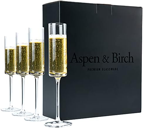 Aspen & Birch - Modern Champagne Flutes Set of 4 - Champagne Glasses - Mimosa Glasses, Premium Crystal Stemware, Clear, 6 oz, Hand Blown Glass Champagne Flutes - Hand Crafted by Artisans