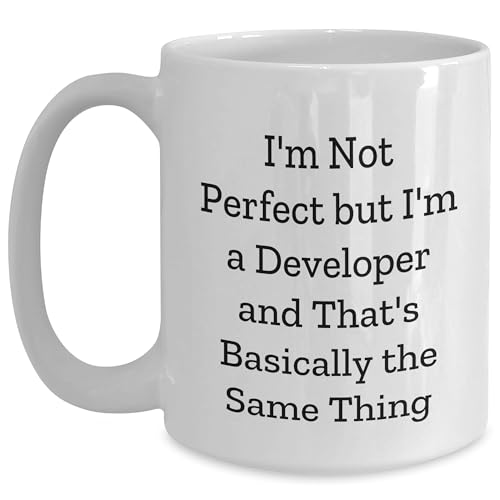 Funny Developer Gifts for Christmas - White 11oz or 15oz Ceramic Coffee Mug - I'm Not Perfect But I'm A Developer And That's Basically The Same Thing - Unique Gifts from Friends to Developer Friends