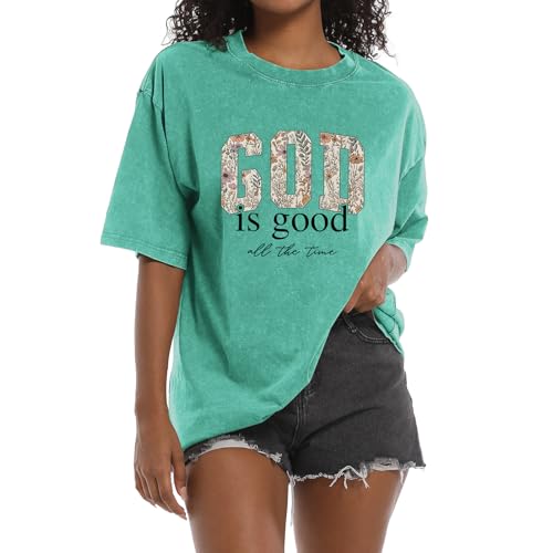 Image of Christian God is Good Shirts for Women Jesus Faith Religious T Shirts Floral Graphic Oversized Acid Washed Tee Tops