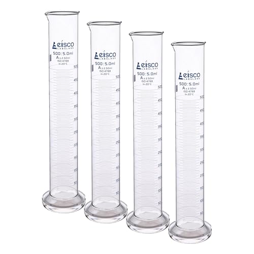 Graduated Cylinder, 500ml - Class A Tolerance ±2.50ml - Round Base - Blue Graduations - Borosilicate 3.3 Glass - Eisco Labs (Pack of 4)