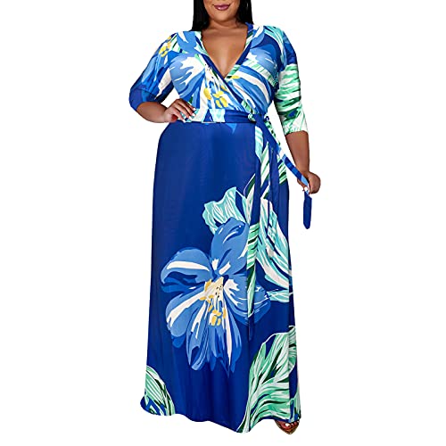 Image of Runwind Plus Size Dresses for Women Floral Maxi Dress Flowy 3 /4 Sleeve with Belt