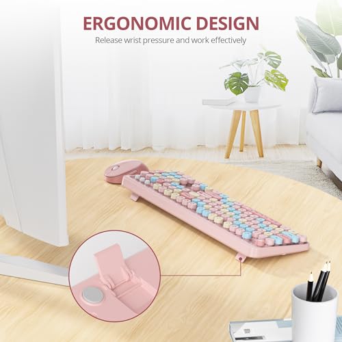Image of Owpkeenthy Pink Keyboard and Mouse Wireless, Cute Colorful Typewriter Keyboard Full-Sized with Number Pad Round Keycaps for Desktop, Laptop and Computer(Coloful Pink)