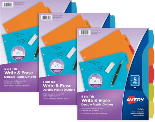 Image of Avery Big Tab Write & Erase Durable Plastic Dividers, 5-Tab Set, Multicolor Brights, 3 Sets (21212) (Pack of 8)