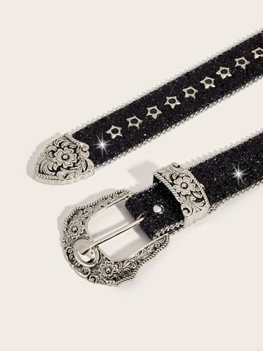 Women Bling Rhinestone Belt Y2k Vintage Punk Goth Embossed Buckle Cowgirl Cowboy Western Star Belt Jeans Accessories3