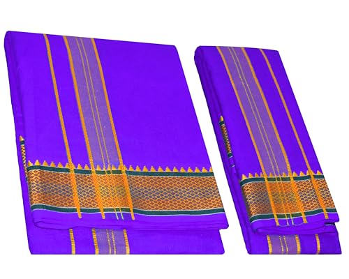 Image of TUNI MANI Men's Panchakacham Dhoti with Angavasthram with Zari Border, Cotton, Size: 9 X 5 (4.0mtr Dhoti, 2.25mtr Towel)