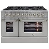 BRAMA Gas Range with 8 Burner Cooktop, 48-Inch with Double Oven Porcelain Convection Oven and Broil Function, 8 Sealed Burners Continuous Grates with Stainless Steel Construction, 6.7 Cu.Ft., Metallic