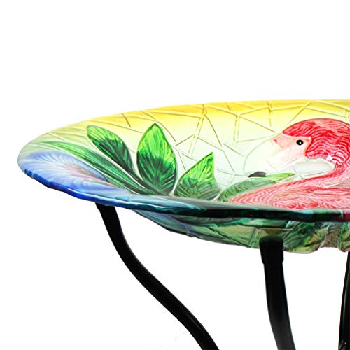 HONGLAND Outdoor Glass Birdbath Flamingo Bird Feeder Bowl with Metal Stand for Garden,Lawn,Backyard,Porch - Thumbnail 4
