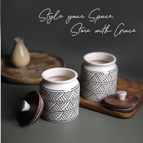 Image of Ceramic Jar & Container for Kitchen Storage Set | Multi Utility Air Tight Kitchen Organizer Items | Tea Coffee Sugar Containers with Wooden Lids (Hand-Painted, 460 ML, Pack of 2)