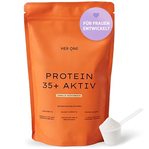 HER ONE PROTEIN 35+ AKTIV | Veganes Proteinpulver Vanille für Frauen ab 35 mit Ashwagandha, Vitaminen & Calcium | 74% Eiweiß aus Soja, Erbse, Reis & Kürbis | Eiweißpulver laktose- & glutenfrei | 500 g