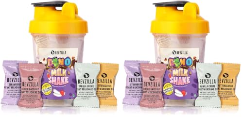 Image of Bevzilla Instant Milkshake Cubes & Bottle Pack | Strawberry, Butterscotch, Choco Hazelnut & Vanilla Creme | BPA Free Shaker 500 Ml Leak Proof (Pack of 2)