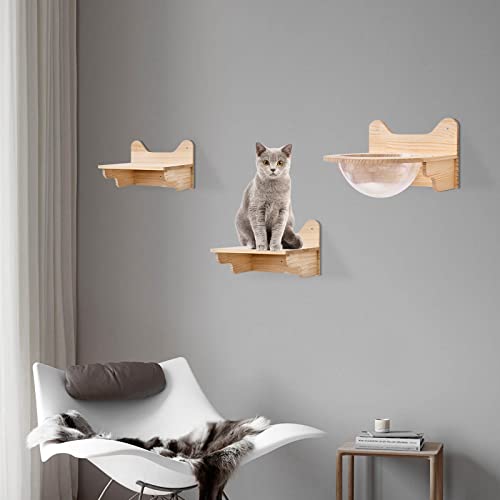 3-in-1 Wooden Wall-Mounted Cat Shelves and Perches Set - Floating Cat Climber with Wooden Space Capsule & Jumping Platforms