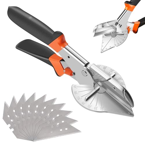 Tijeras de inglete ajustables - Cortador angular profesional para molduras, canales de cable y PVC, ángulo de corte 45°-135°, incluye 10 cuchillas de repuesto