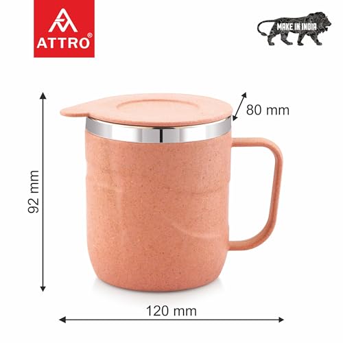 Image of ATTRO Brew Mug - Stainless Steel Inner with eco Friendly Outer Body Durable & Stylish, Microwave Safe Coffee /Tea Mug with Handle & Lid, Ideal for Home, Office, Travel & Gifting - 300ml - Pastel Peach