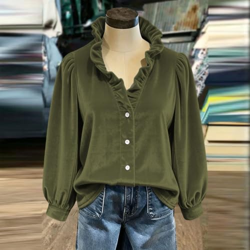Womens Velvet Blouses Ruffle V Neck Tops Long Sleeve Button Down Shirt Fall - image 3
