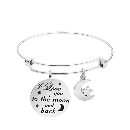 Inspirational Expandable Love Bangle Bracelet Jewelry Gift for Women Mom Mother Teacher (I love you to the moon and back)