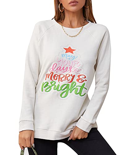 SWIWOEL Women s Christmas Tree Sweatshirts Crewneck Long Raglan Sleeves Pullover Shirts Merry and Bright Xmax Winter Tops White