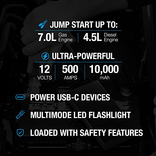 Type S Car Battery Jump Starter Portable 12V 7.0L Lithium Battery Booster Jump Starter Pack, 500A Gas 3L Diesel 4.5L 10000Mah Power Bank Led Flashlight Dual Usb-A Usb-C Battery Cable Ul Listed - Black #TOP1