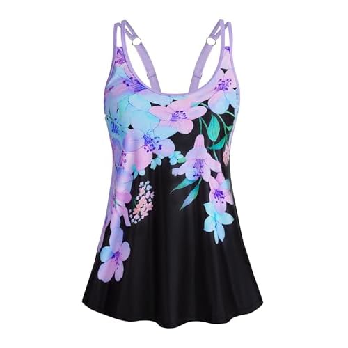 HUSKARY Tankini Tops for Women Loose Fit Modest Bathing Suits Flowy Swim Top No Bottom Purple Flowers X-Large