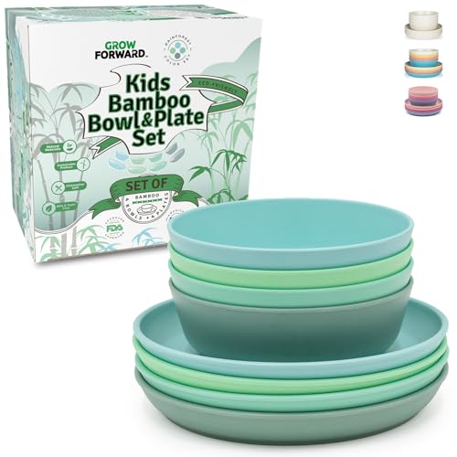 Grow Forward Kids Bamboo Bowl and Plate Set - 4 Bamboo Plates & 4 Bamboo Bowls - Toddler Dishes - BPA Free & Dishwasher Safe - Eco Friendly Biodegradable Reusable Dinnerware - Rainforest