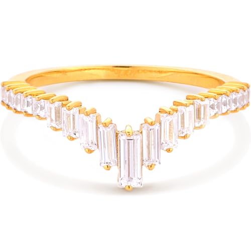 STORYJEWELLERY V Shaped Ring, Curved Wedding Bands for Women, Emerald Cut Wedding Rings, Wishbone Rings, Gold Plated Engagement Ring Enhancer, Size 5