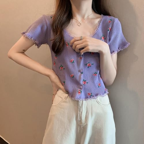 Image of ICW Women's Korean Style Round Neck Half Sleeve Button-Up Floral Knitted Crop Top T-Shirt for Girls DN286 (One Size Fit XS-S)