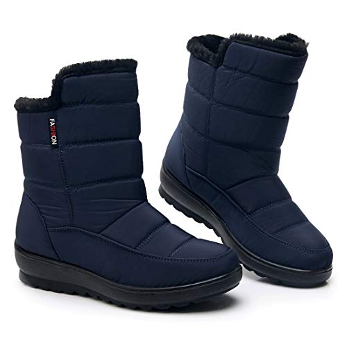 Women Winter Mid Nylon Boots Plus Velvet Thick Heel Bootie Waterproof Warm Snow Boots (Blue, 8-Women-Us) #TOP2