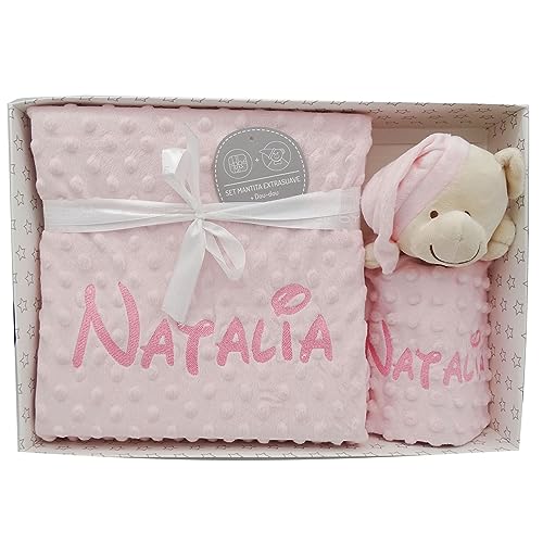 Various - Manta de Bebe Personalizado con su Nombre Bordado, Cochecito o Capazo. Manta + DouDou Set de Regalo para Recién Nacido