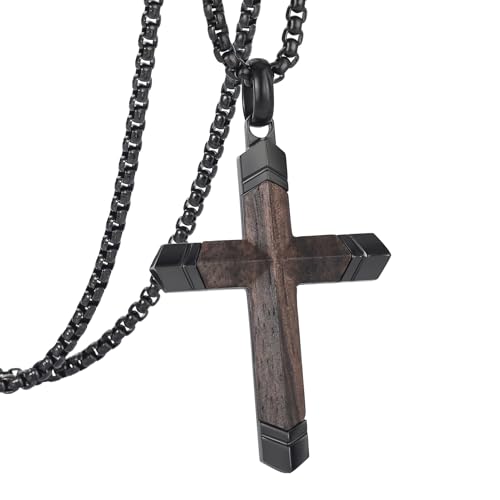 Cross Necklace for Men -Stainless Steel & Wood Adjustable Box Chain 24-26in, Spiritual Jewelry Gift for Him, Everyday Wear