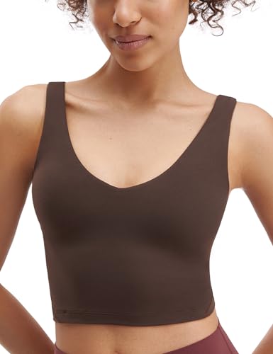 Wenamelt V Neck Longline Buttery Sports Bra for Women U Back Padded Crop Workout Yoga Tank Top with Built in Shelf Bra