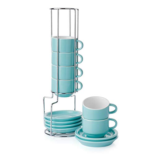 Porcelain Espresso Cups with Saucers and Metal Stand, Stackable
