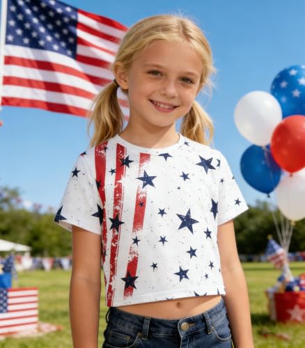 Image of Tkria Girl Crop Tops July 4th Crewneck Tshirt American Flag Patriotic USA Flag Girls Outfit Clothes Size 6-14