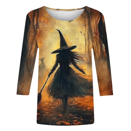 2025 Halloween Shirts for Women 3/4 Sleeve Witch Graphic Tees Vintage Festival Tops Crew Neck Sweatshirts Funny Gifts3