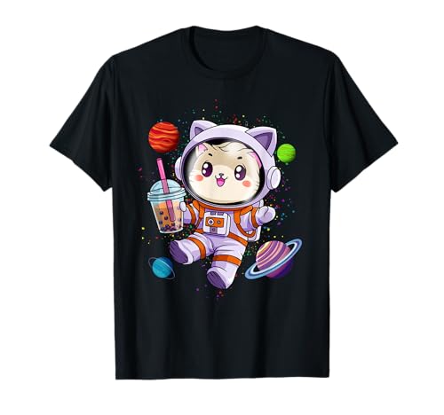 Kawaii Cat Bubble Boba Tea In Space Astronauta Cute Kitty Cat Maglietta