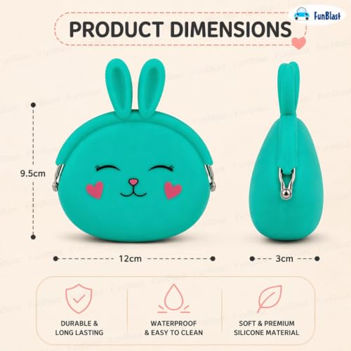 Image of FunBlast Cute Bunny Shape Silicone Coin Purse for Kids & Adults - Mini Pouch for Coins, Earphones, Keys & Small Essentials, Aesthetic Pouches for Girls & Women - 12 X 9.5 X 3 Cm (Bunny-Green)