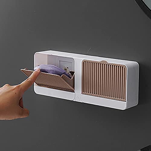 Soap Bo x with Lid, Detachable and Easy to Clean Multifunctional Plastic Creative Wall Mounted Double Bar Bathroom Soap Holder with Drainage Bo x & Lid (Double)(Box + SOAP DISC)/41-image-46