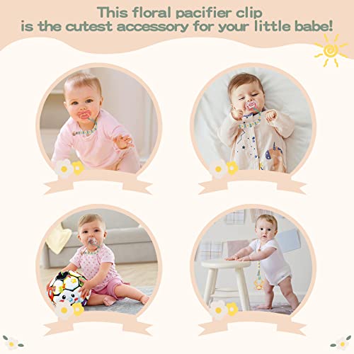 Image of Pacifier Clip for Boys Girls Floral Daisy Macrame Paci Clip Pacifier Holder Leash Boho Wooden Clips Handmade Braided Cotton Unisex Baby Shower Birthday Gift