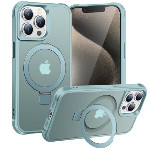 BENTIACC Magnetic Ring Stand Case for iPhone 15 Pro - 120 rotatable Stand N52 Magnet Non-Slip Easy to Clean Shockproof Matt Transparent Back Drop Protection (Lake Blue)