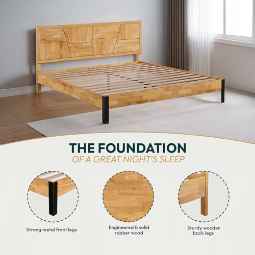 Image of Bme Trapeze King Bed Frame - Modern Solid Wood Bed with Smooth Pattern Headboard, Black Metal Legs, Light Natural Finish - Durable King Size Platform Bed for Contemporary Bedrooms