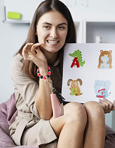 Silicone Key Ring Bracelet for Women, Elastic Beaded Wristlet Keychain Key Holder with Zircon & Tassel for Mother's Day Gift3