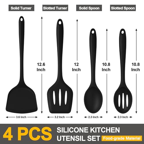 P&P CHEF Kitchen Utensil Set, 4 Pieces Non-stick Silicone Cooking Utensils, Heat-resistant Slotted Solid Spoon Turner for Frying, Mixing, Serving, Non-toxic & Easy to Clean, Black by P&P CHEF - Image 2