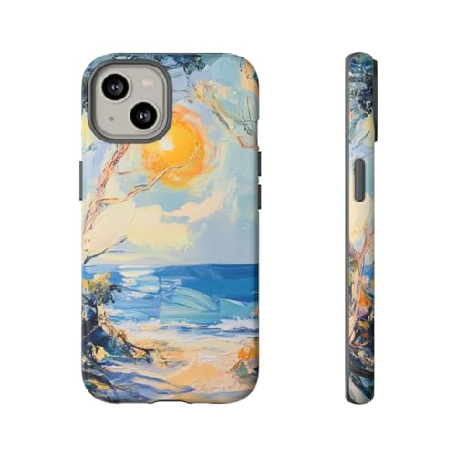 Coque rigide mate iPhone 14 bleu motif plage ensoleillée artistique pinceau
