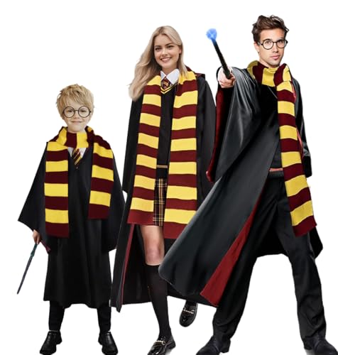 Amycute Costume Sorcier Enfant Adulte Cape Kit Déguisement Accessoire Écharpe Lunette Cravate Collier Sorcier Halloween Carnaval Noël Cosplay (Rouge, XL)
