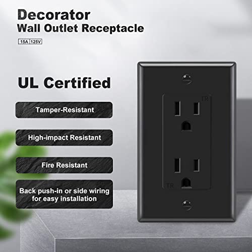 Decora Receptacle Outlet 15Amp , 125 Volt, Tamper Resistant, Grounding Ul Listed Black 50 Pack Glossy Black (15A Black With Wall Plates 50Pack) #TOP1